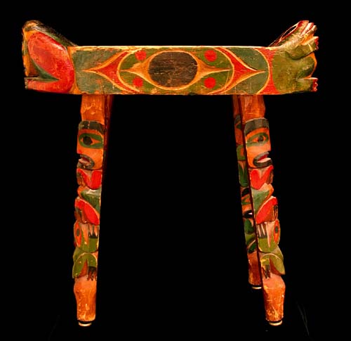 Polychrome Wood Chief�s Stool, Pacific Northwest Coast Native American Indian Art