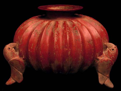 Colima Three-Parrot Gadrooned Vessel, Ancient West Mexico Pre-Columbian Art