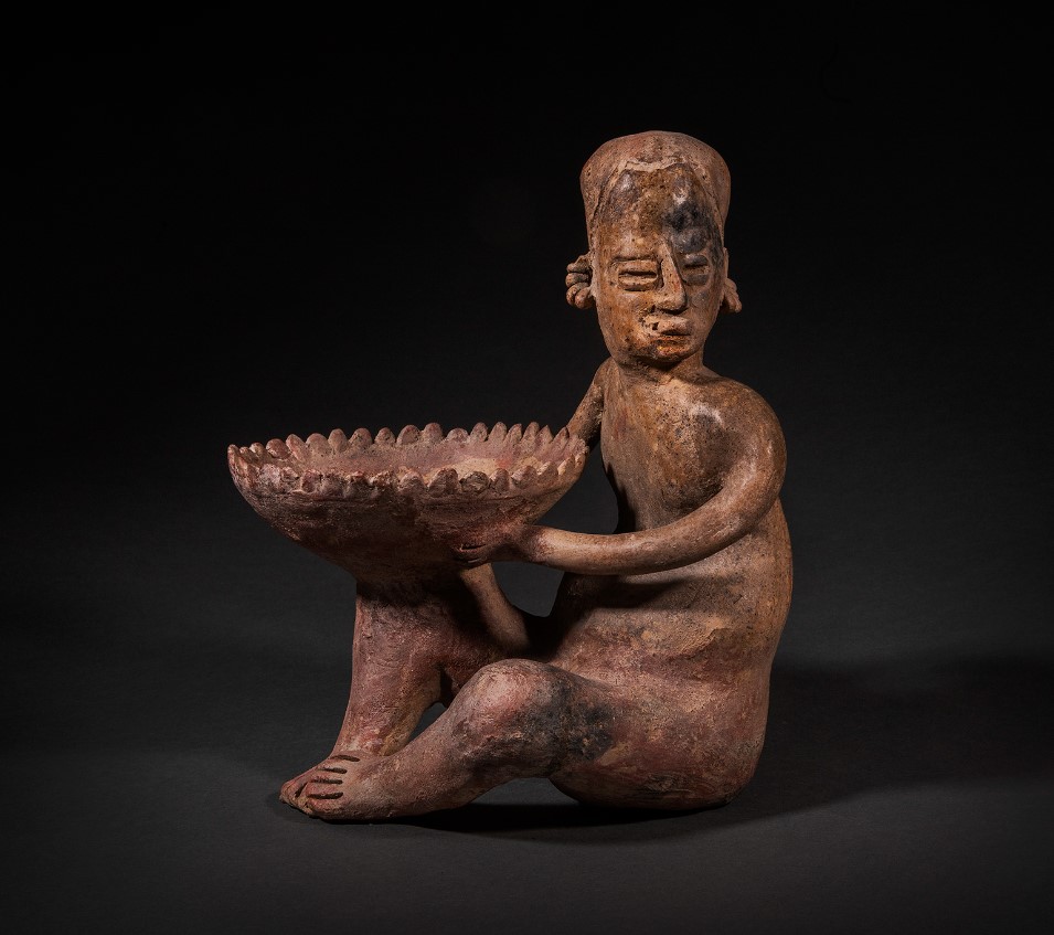 Jalisco seated male shaman with bowl for sale